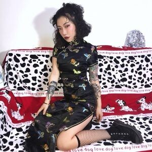 Floral Black Cheongsam Dress